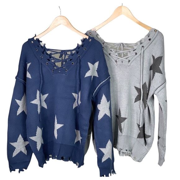 POL Bohemian sweater with tattered raw edges, and Lace up front and back - Picture 2 of 15